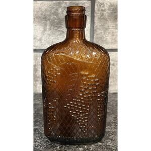 Vintage Brown Glass Bottle Flask Wine Oval One Pint Grapes